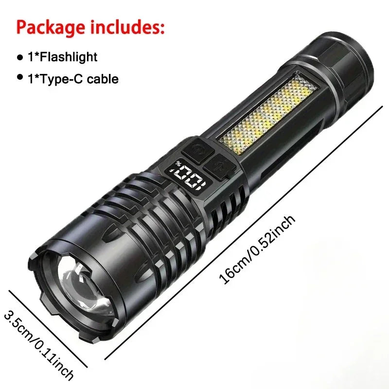 High Power LED Flashlight Powerful TYPE-C Rechargeable COB Flashlight With Side Light Torch For Outdoor Camping Hiking