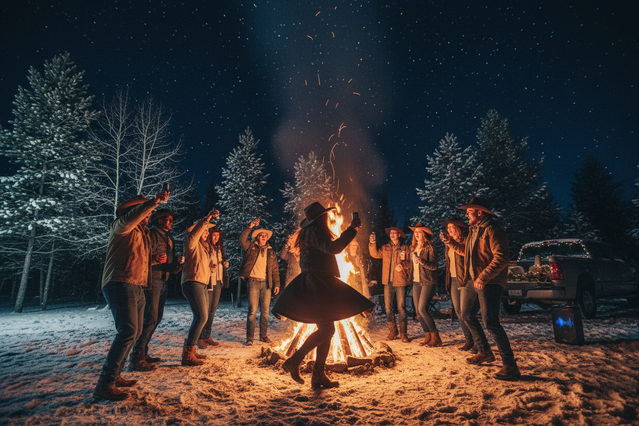 country boys and girls of different races gathered around 12ft bonfire drinking beer and dancing to music. The sky is black under a million stars in snow covered forest 